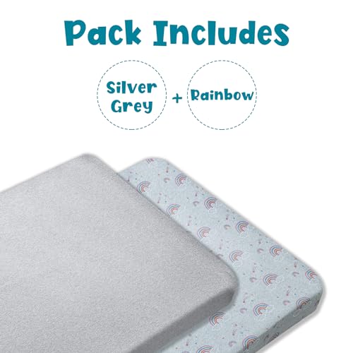 Dreamology Crib Sheets for Unisex,2 Pack,100% Cotton Jersey Standard Crib Sheets | Rainbow / Silver Gray