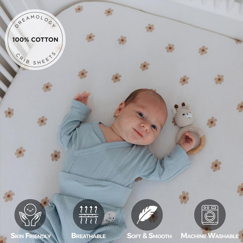 Dreamology Crib Sheets for Unisex,2 Pack,100% Cotton Crib Sheets | Brown / Flowers