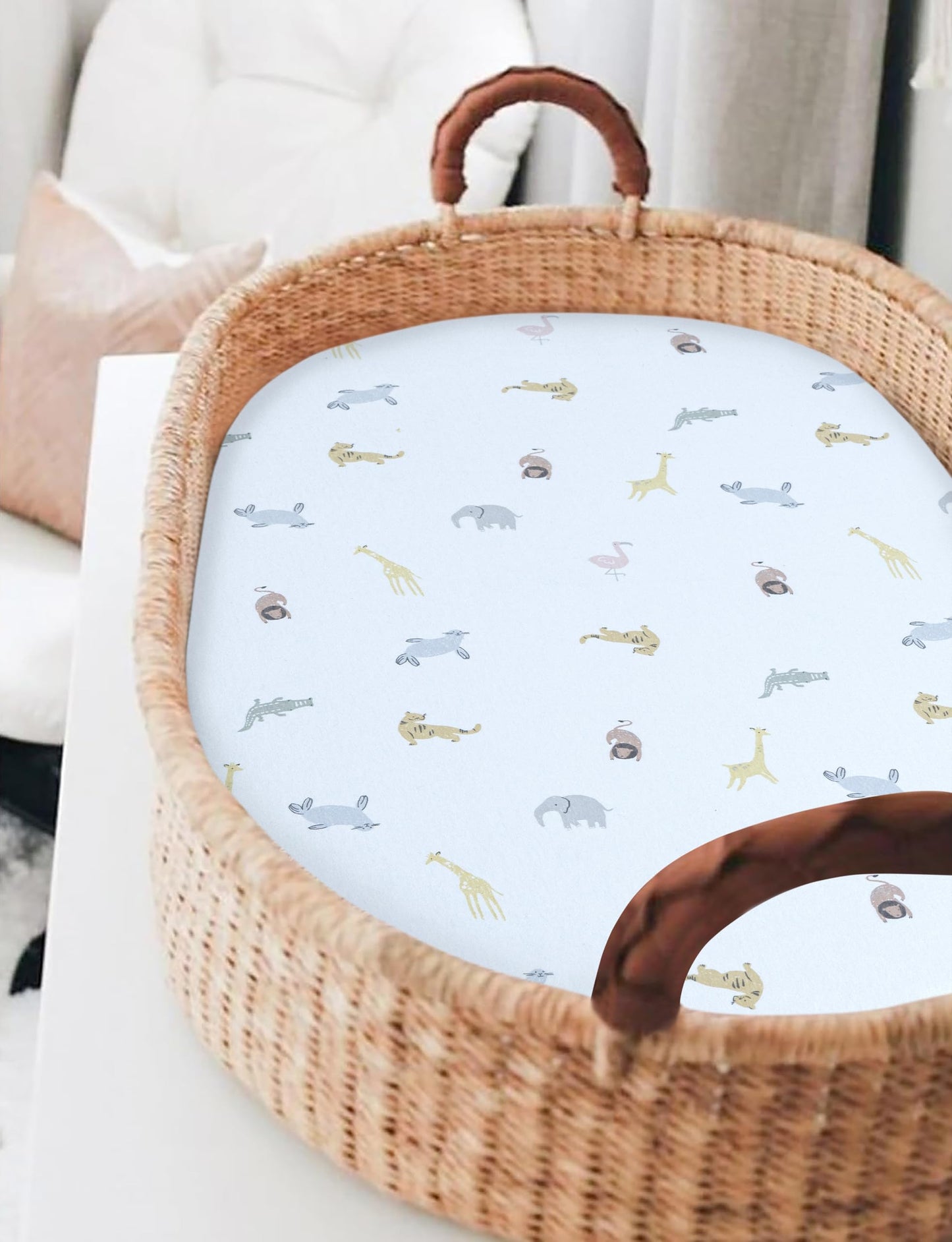 Bassinet Sheet,100% Cotton Knitted Jersey,2 Pack Unisex (17"x32"x4") | Sky Blue / Animals