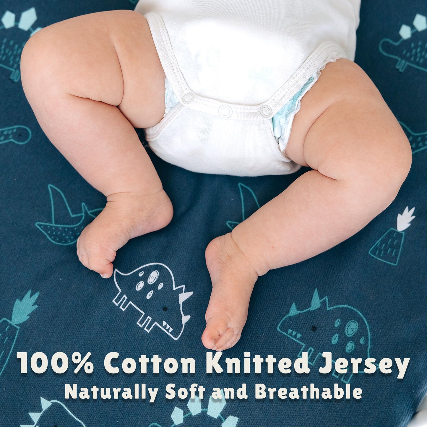 Bassinet Sheet,100% Cotton Knitted Jersey,2 Pack Unisex (17"x32"x4") | Denim Blue and Dino