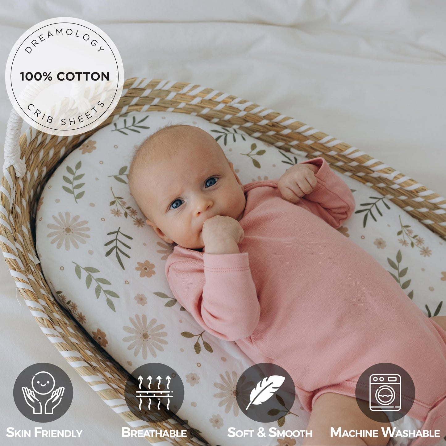 Bassinet Sheet,100% Cotton Knitted Jersey,2 Pack,Unisex(17"x32"x4") | Green / Flowers