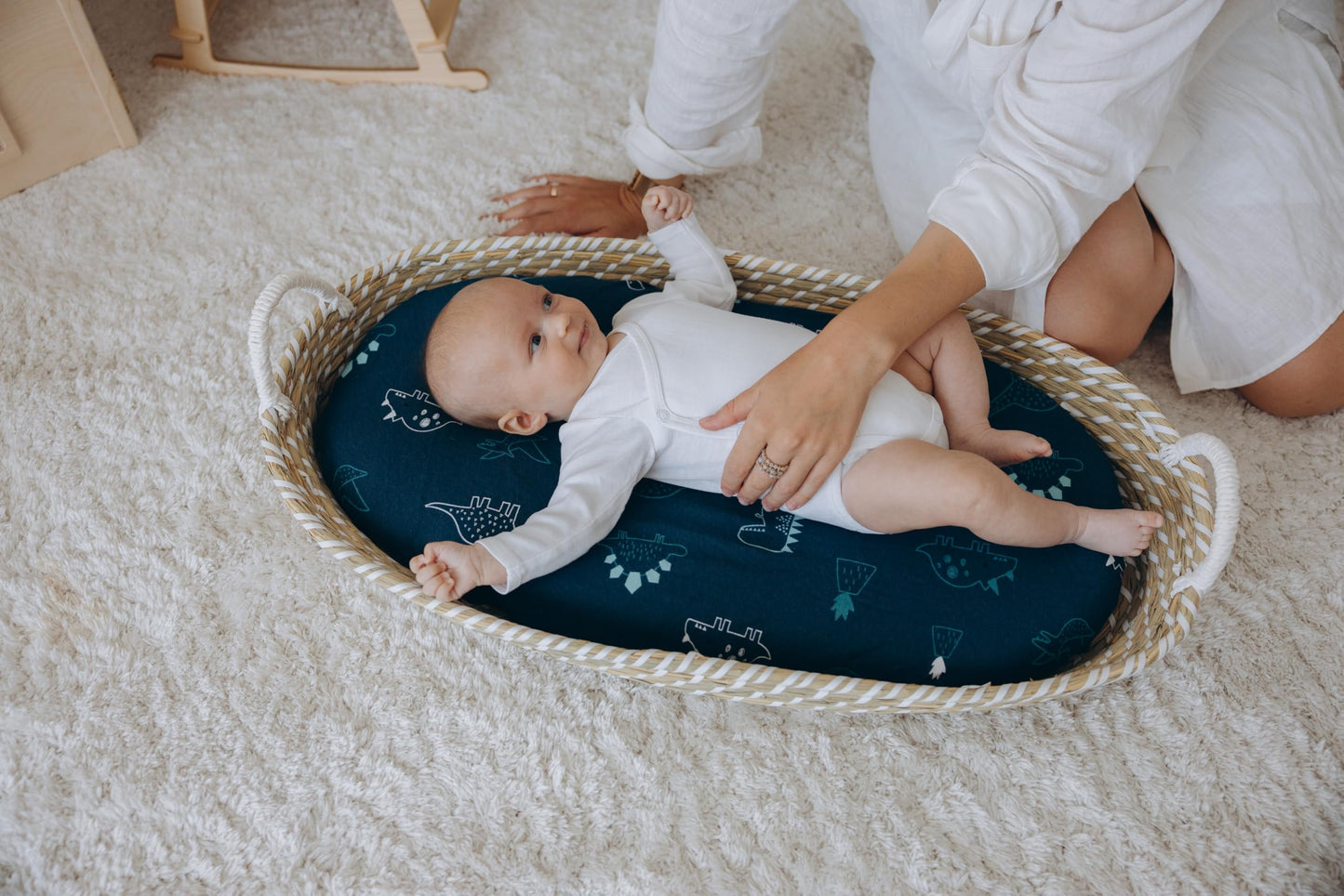 Bassinet Sheet,100% Cotton Knitted Jersey,2 Pack Unisex (17"x32"x4") | Denim Blue and Dino