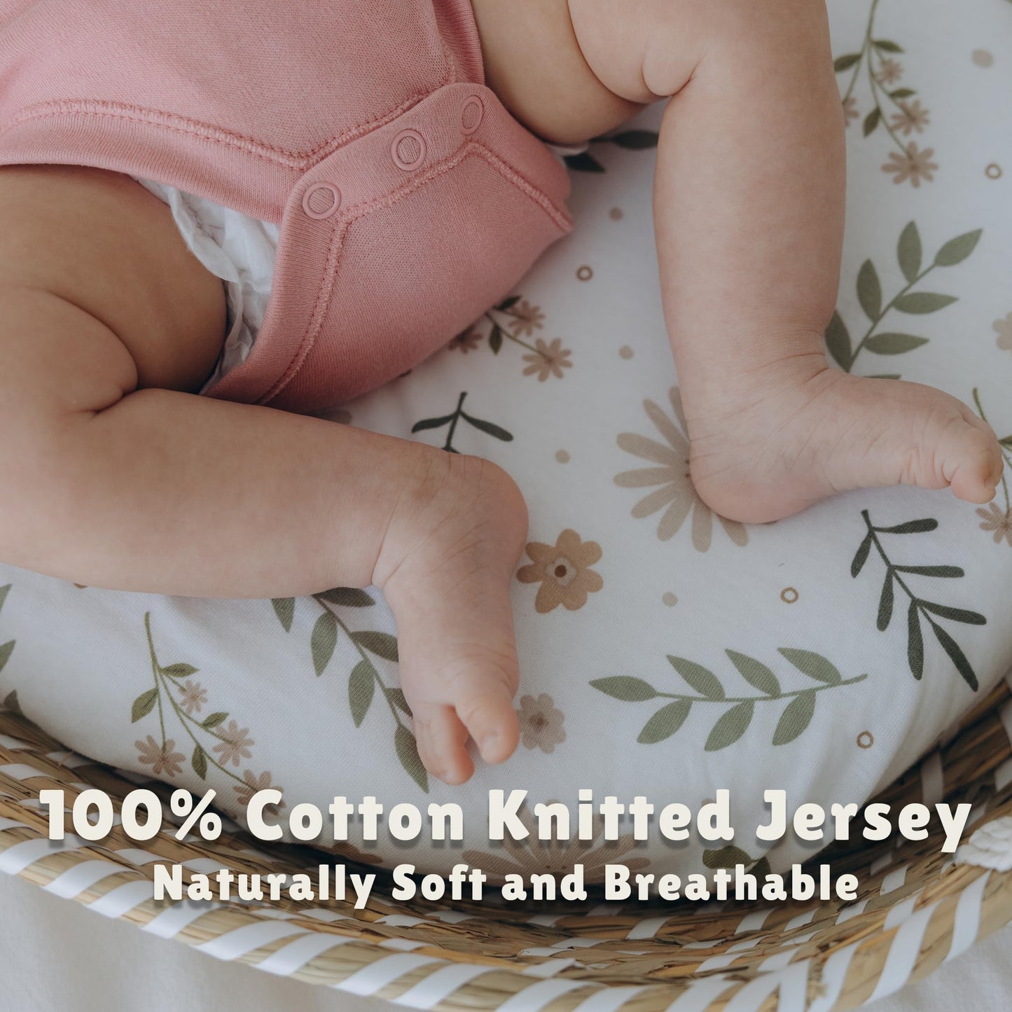 Bassinet Sheet,100% Cotton Knitted Jersey,2 Pack,Unisex(17"x32"x4") | Green / Flowers