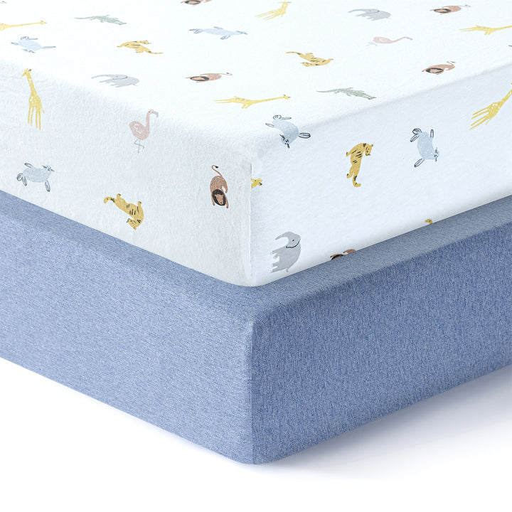 Cotton Jersey Crib Sheets Blue/Animal