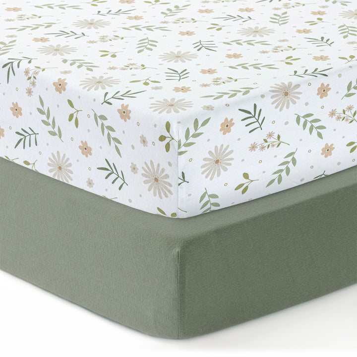 Cotton Jersey Crib Sheets Denim Green/Flowers
