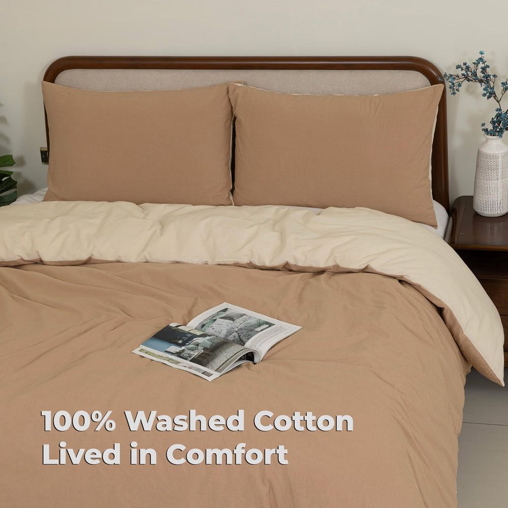 Brown 100% washed cotton duvet cover on a bed