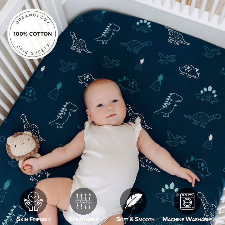 Cotton Jersey Crib Sheets Denim Dino/Denim Blue
