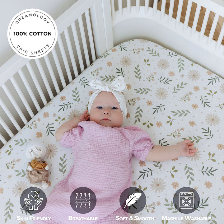 Cotton Jersey Crib Sheets Denim Green/Flowers
