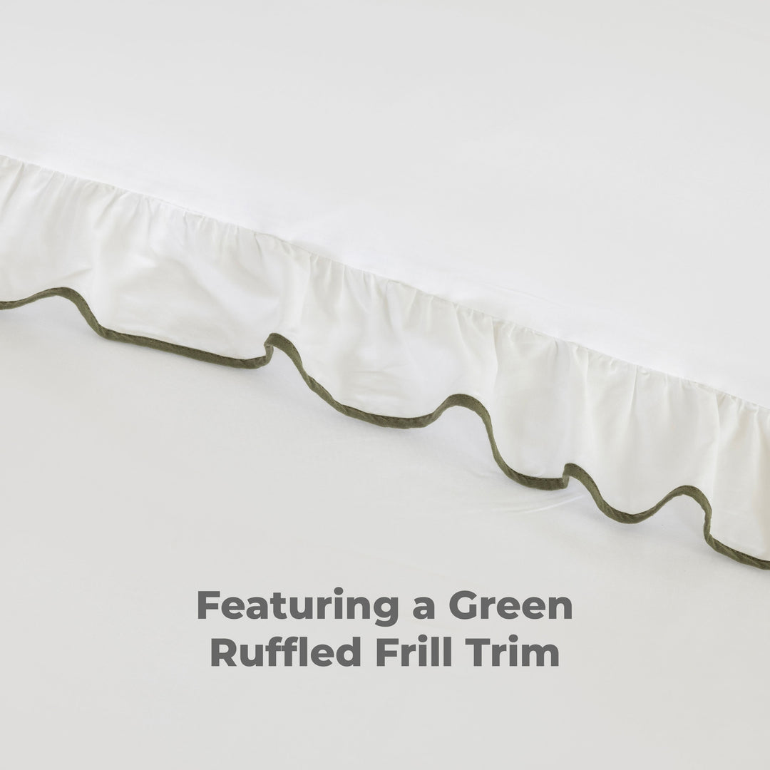 Close-up of white ruffled edge with green contrast trim featuring a green ruffled frill trim