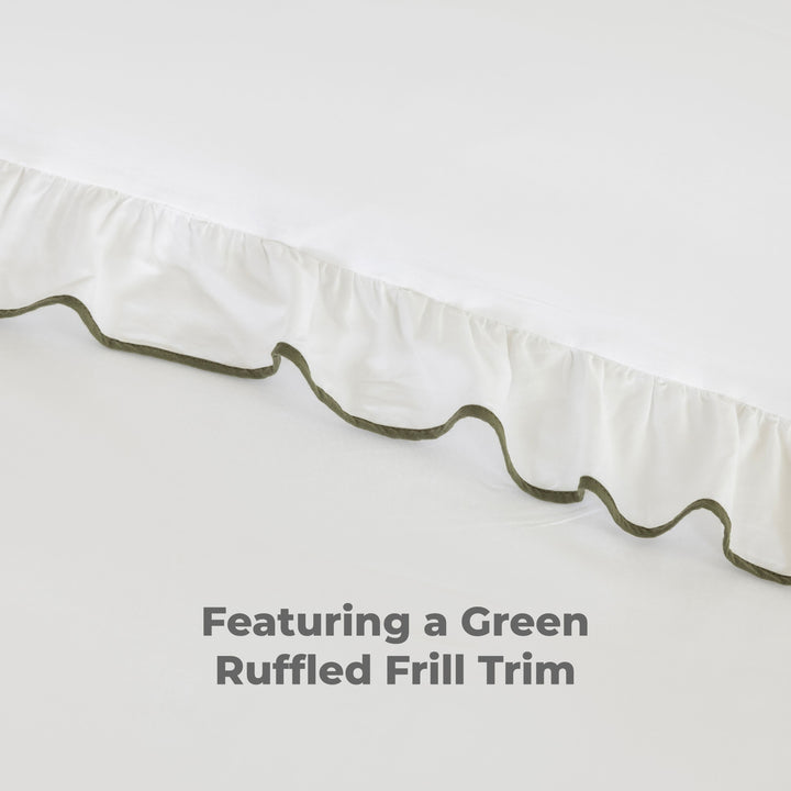 Close-up of white ruffled edge with green contrast trim featuring a green ruffled frill trim