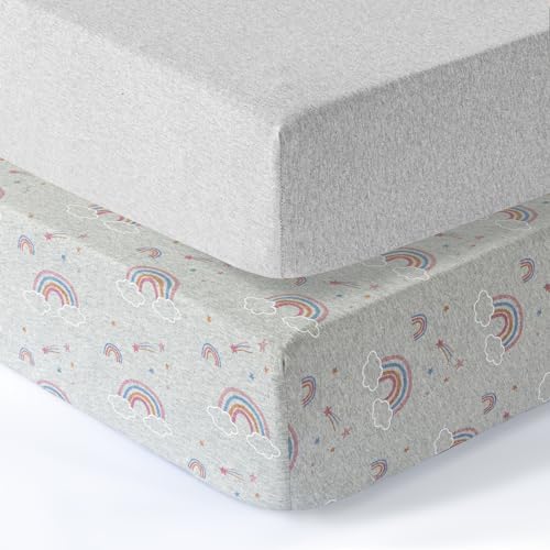Dreamology Crib Sheets for Unisex,2 Pack,100% Cotton Jersey Standard Crib Sheets | Rainbow / Silver Gray