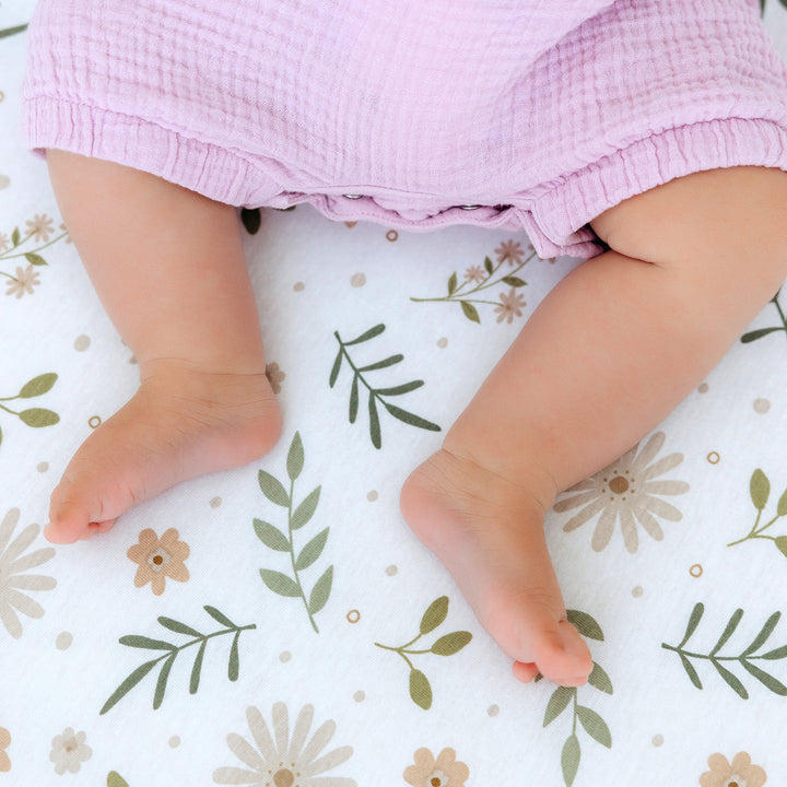 Cotton Jersey Crib Sheets Denim Green/Flowers