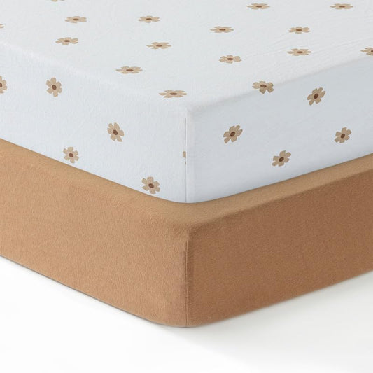 Dreamology Crib Sheets for Unisex,2 Pack,100% Cotton Crib Sheets | Brown / Flowers