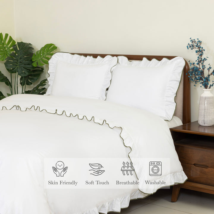 White ruffle duvet cover set with green trim and pillow shams skin friendly, soft touch, breathable and washable