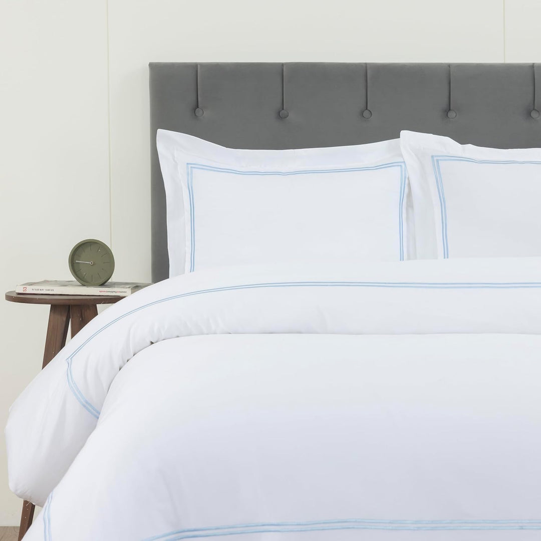 T300 Cotton Sateen Embroidered Duvet Cover Set (Sky Blue Straight Line)