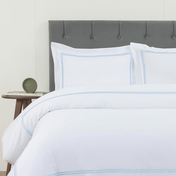 T300 Cotton Sateen Embroidered Duvet Cover Set (Sky Blue Straight Line)
