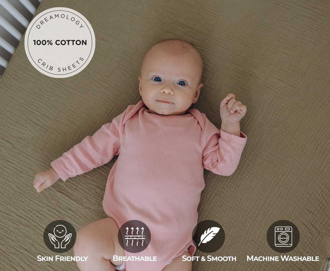Muslin Crib Sheets Unisex Olive/Ecru (Standard)