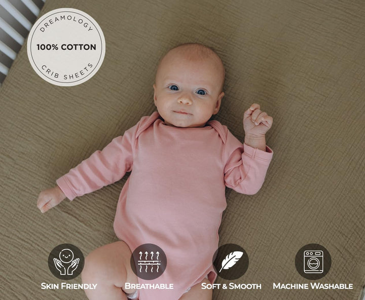 Muslin Crib Sheets Unisex Olive/Ecru (Standard)