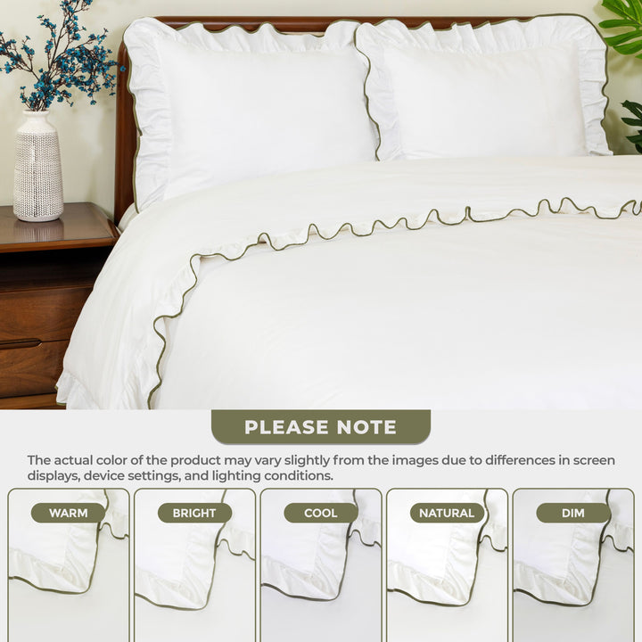 White ruffle duvet cover set with green trim and pillow shams showing different look of the duvet cover under different lighting conditions