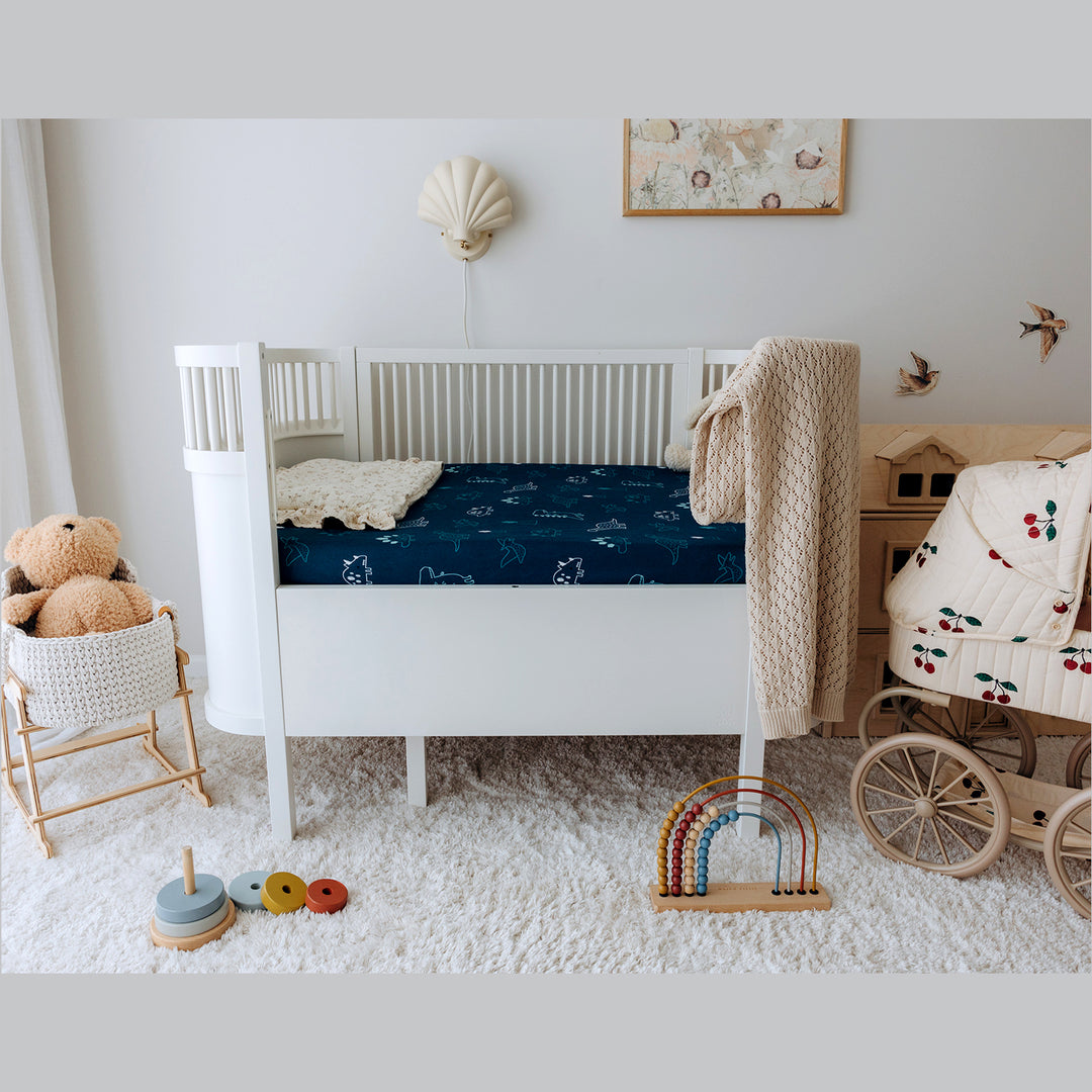 Cotton Jersey Crib Sheets Denim Dino/Denim Blue