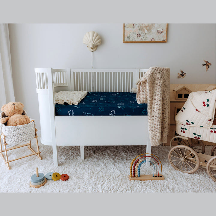 Cotton Jersey Crib Sheets Denim Dino/Denim Blue