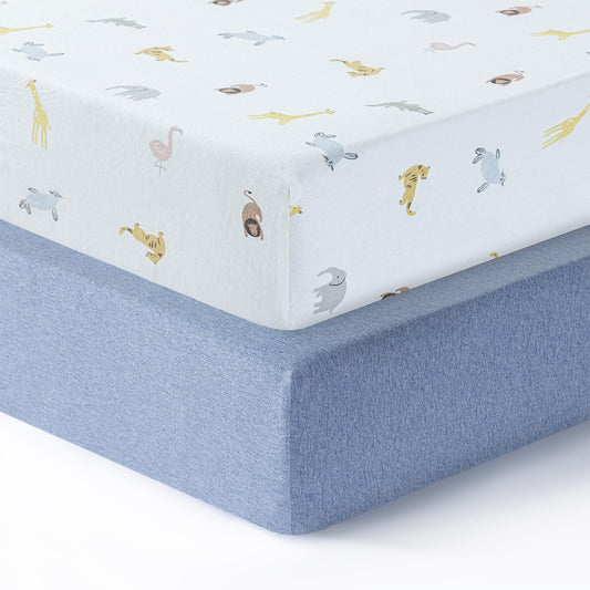 Crib Sheets for Unisex,2 Pack,100% Cotton Jersey Standard Crib Sheets | Blue / Animals