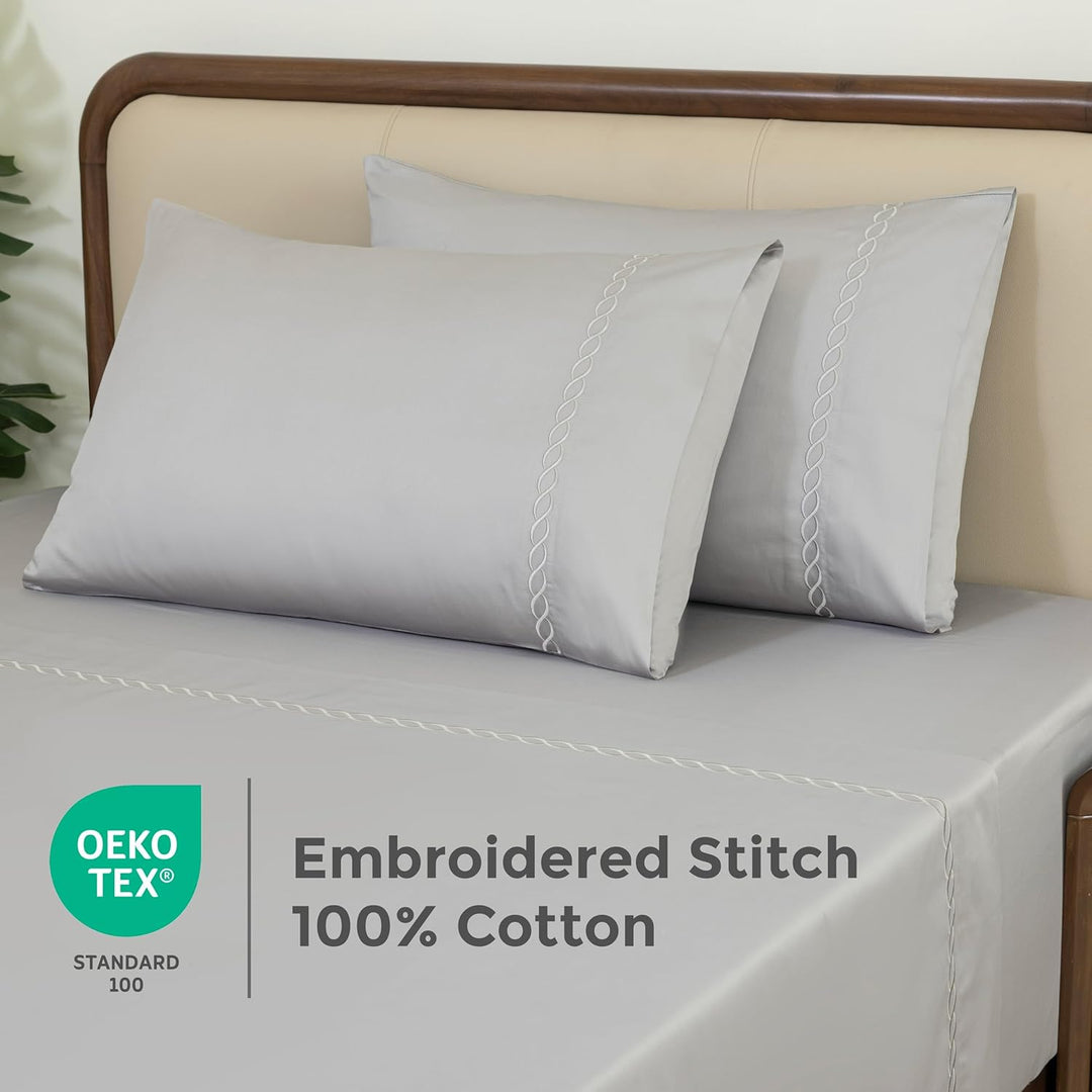 100% Cotton Sheets Set (Grey Embroidered)