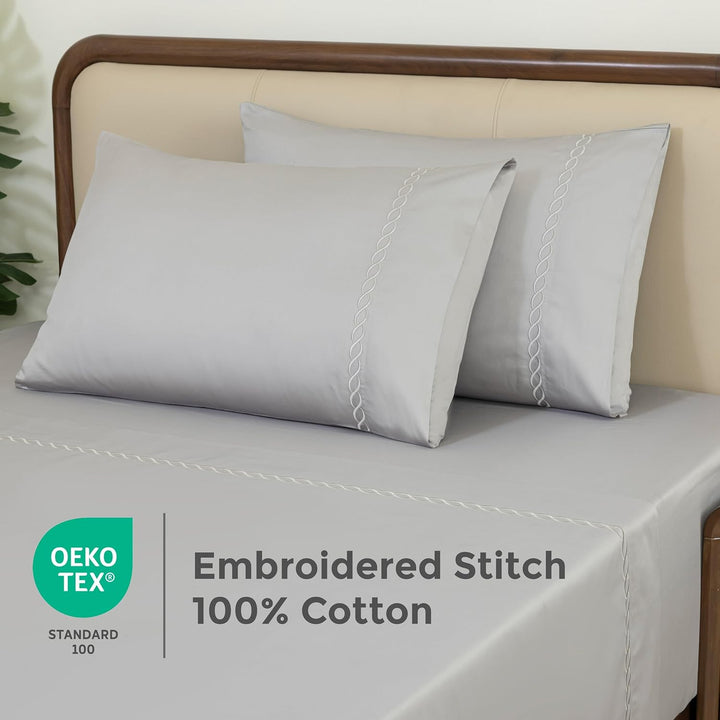 100% Cotton Sheets Set (Grey Embroidered)