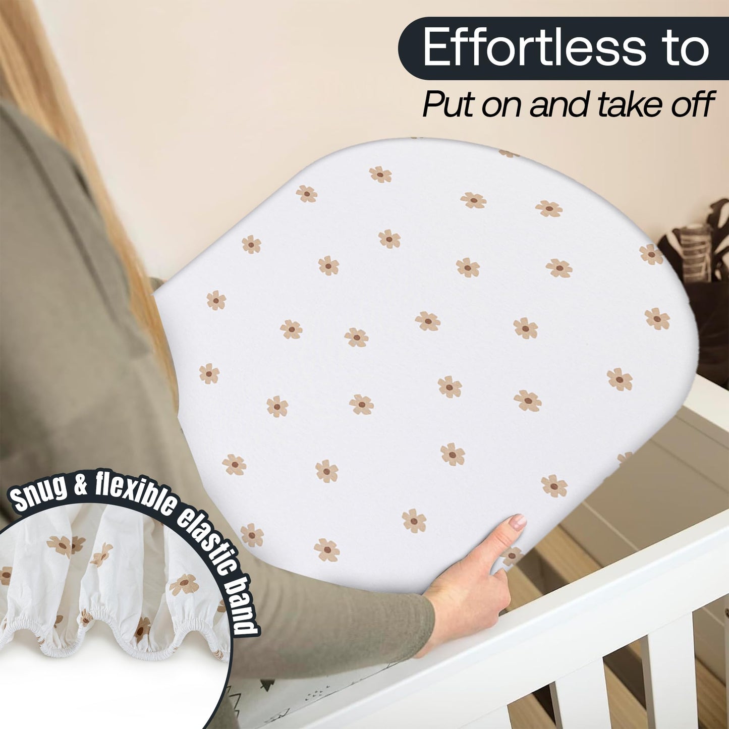 Bassinet Sheet,100% Cotton Knitted Jersey,2 Pack,Unisex (17"x32"x4") | Brown / Flowers