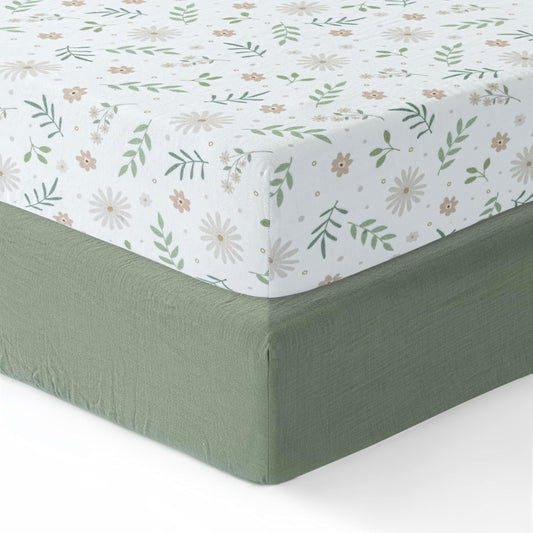 Standard Muslin Crib Sheet, 2-Pack, 100% Cotton For Unisex | Green/Flowers