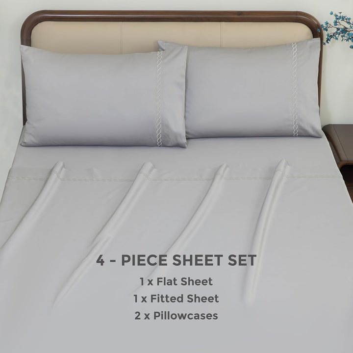 100% Cotton Sheets Set (Grey Embroidered)