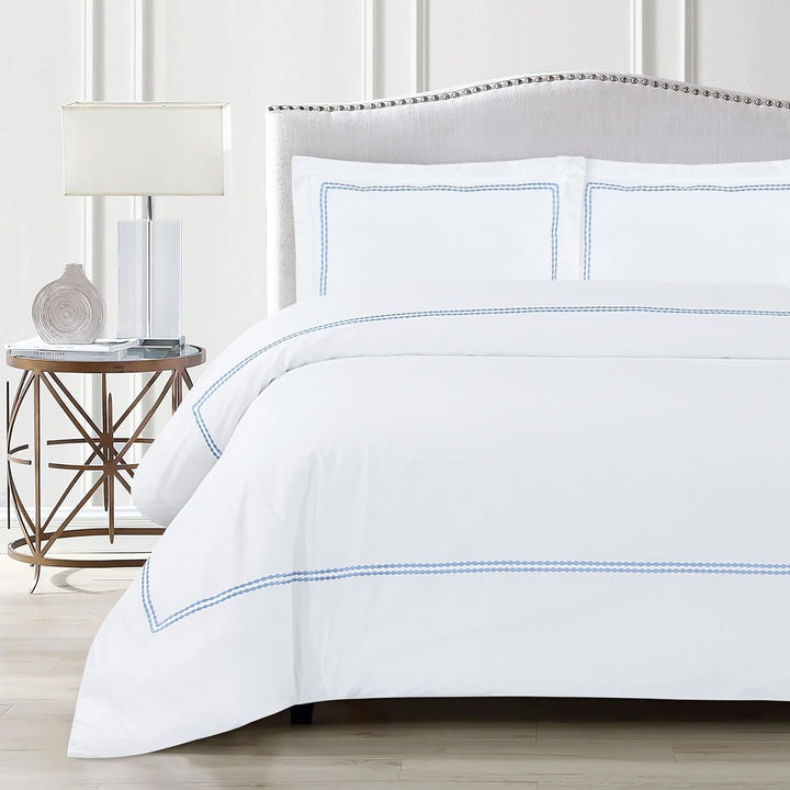 T200 Cotton Embroidered Duvet Covers Set (Sky Blue)