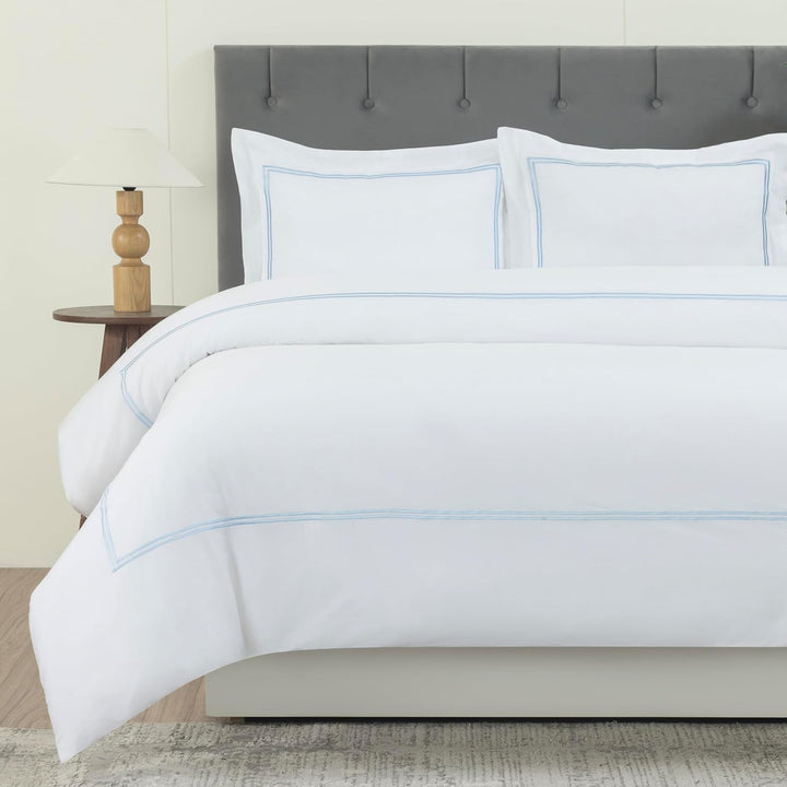 T300 Cotton Sateen Embroidered Duvet Cover Set (Sky Blue Straight Line)