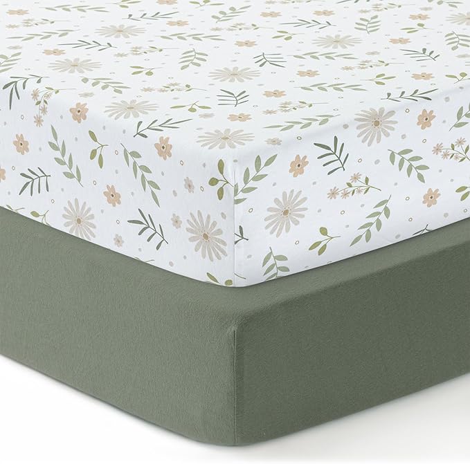 Jersey Crib Mattress Sheets Unisex Green/Flower (Standard)