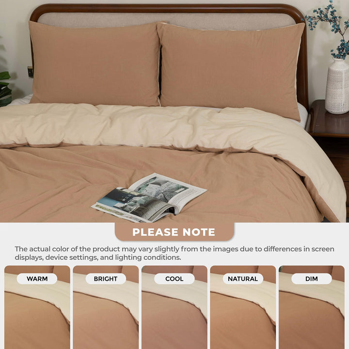 Brown reversible duvet cover set with pillow shams showing different colors of the sheet based on lightning conditions