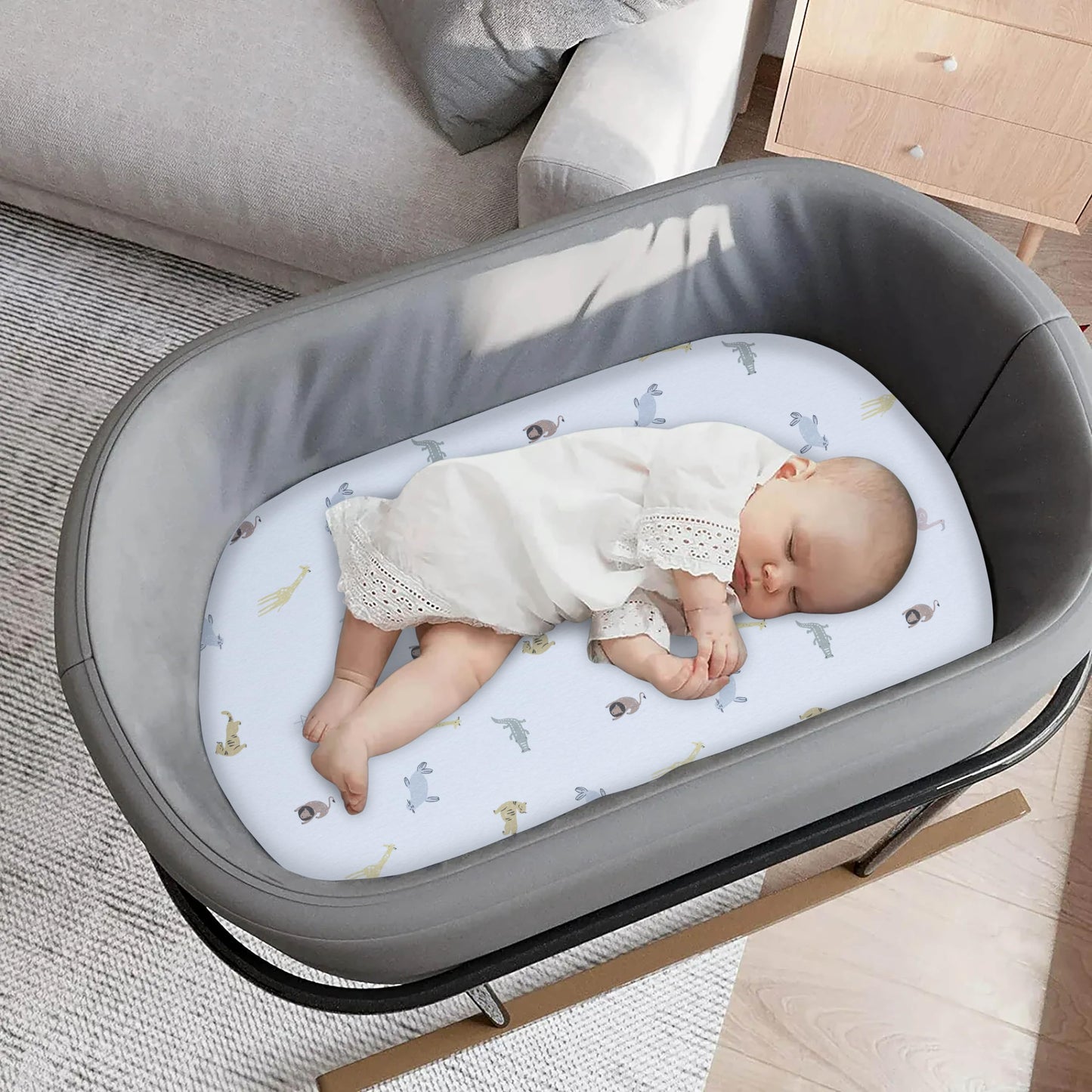 Bassinet Sheet,100% Cotton Knitted Jersey,2 Pack Unisex (17"x32"x4") | Sky Blue / Animals
