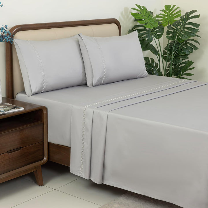 100% Cotton Sheets Set (Grey Embroidered)