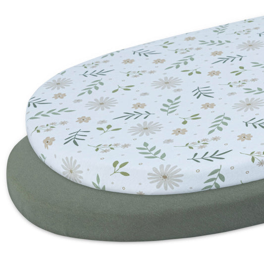 Bassinet Sheet,100% Cotton Knitted Jersey,2 Pack,Unisex(17"x32"x4") | Green / Flowers