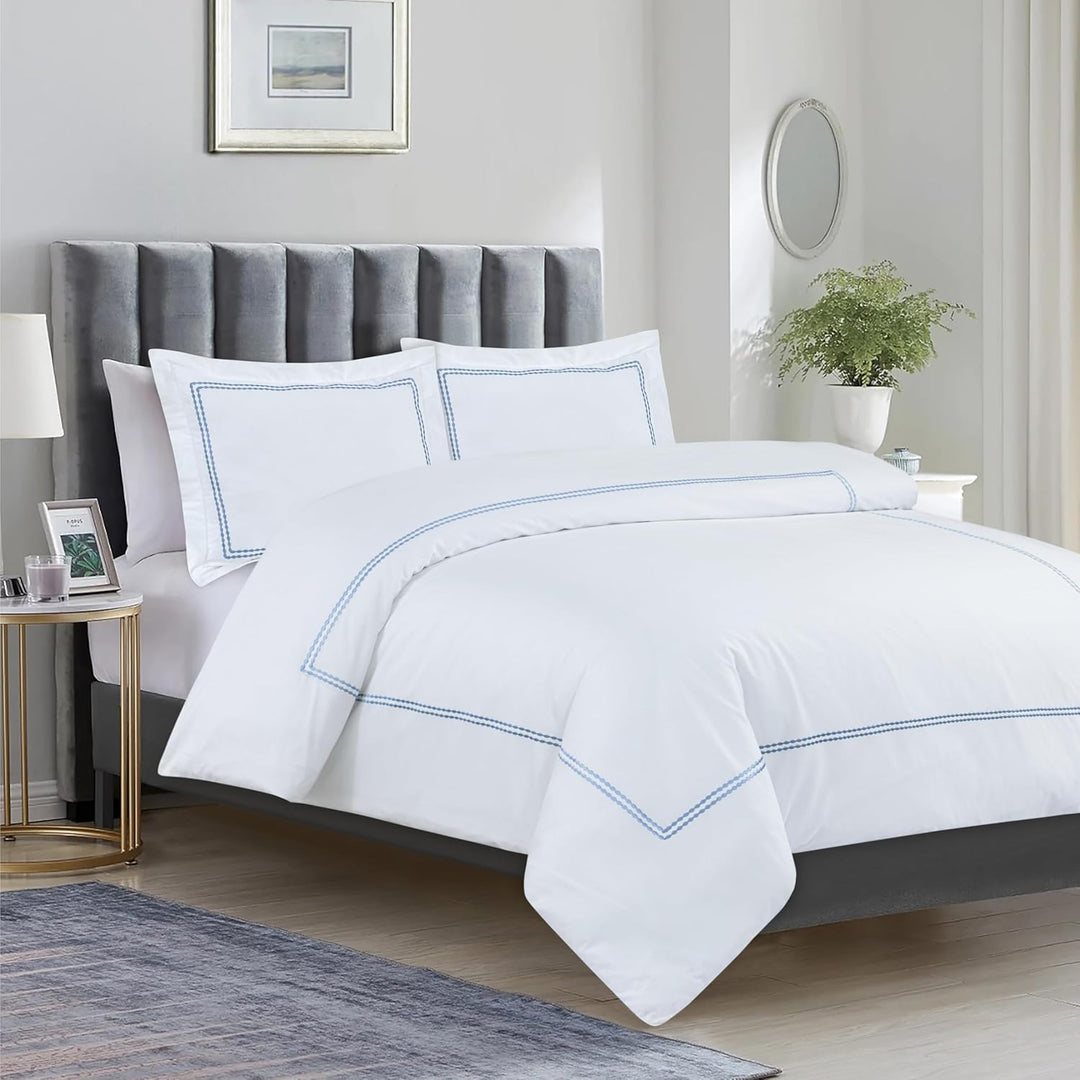 T200 Cotton Embroidered Duvet Covers Set (Sky Blue)