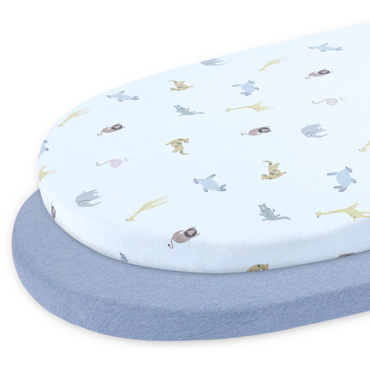 Bassinet Sheet,100% Cotton Knitted Jersey,2 Pack Unisex (17"x32"x4") | Sky Blue / Animals