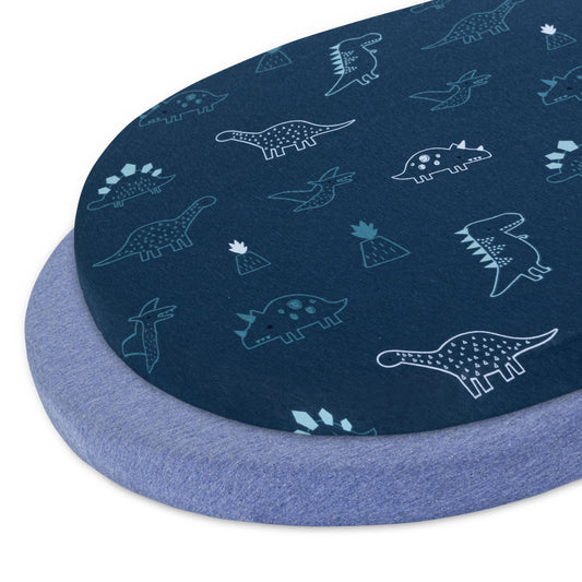 Bassinet Sheet,100% Cotton Knitted Jersey,2 Pack Unisex (17"x32"x4") | Denim Blue and Dino